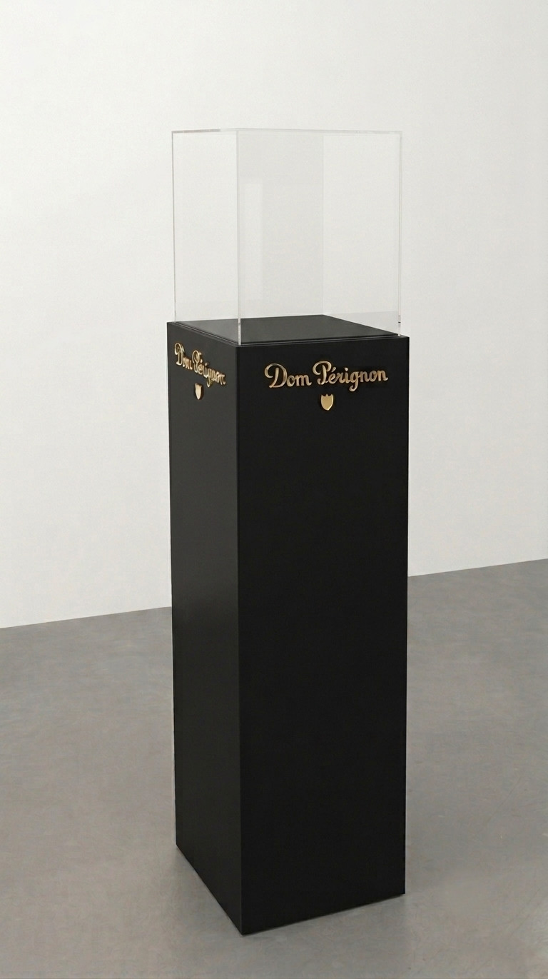 totem nero con teca plexiglass e logo a rilievo